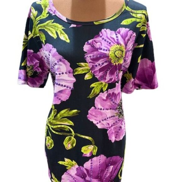 Roaman’s Beaded and Sequined Floral T-Shirt Blouse in Black and Purple – Large - Picture 3 of 7